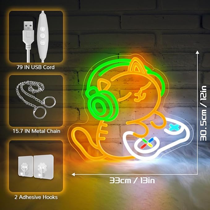 Cat Gaming Neon Sign for Wall Decor, Cute Gamer Cat LED Neon Light with Headphones & Game Controller, USB Powered Dimmable Gaming Room Neon Sign for Bedroom Desk Setup Man Cave Decor