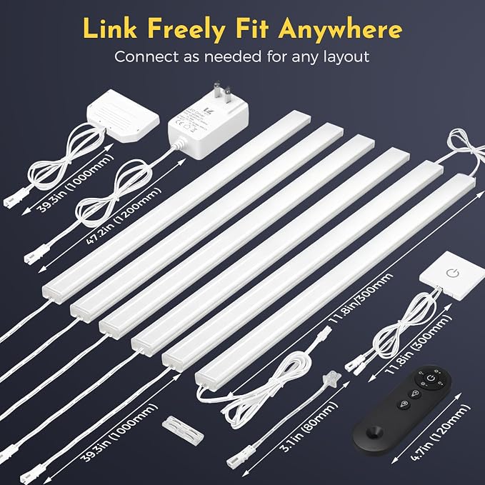 V4light Under Cabinet LED Lighting Bars, 6Pcs Silver, Plug-in, Dimmable | 0.3in Ultra-slim aluminum bars with touch dimmer & remote, 2700K–6500K adjustable, ideal for closet, shelf & display cabinet