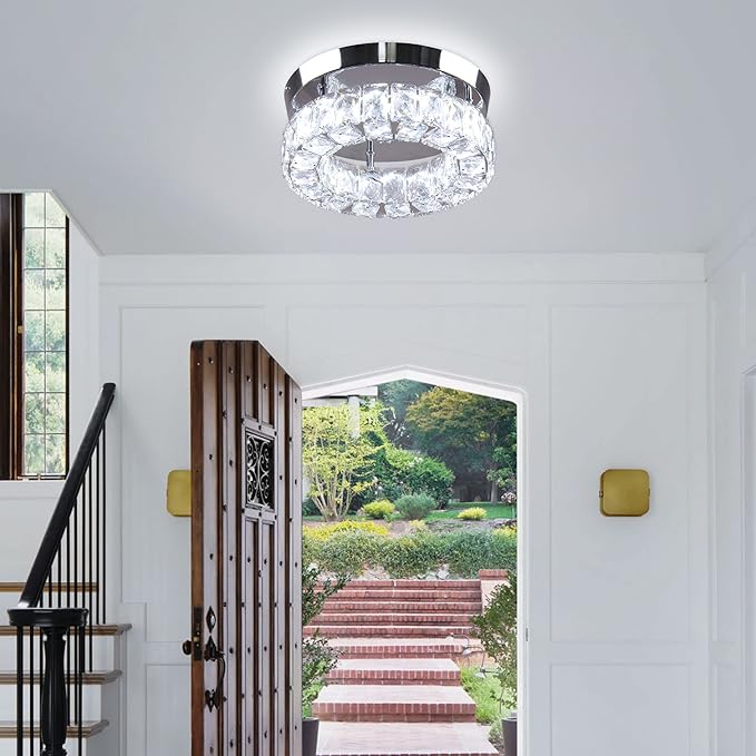 Dimmable Modern Crystal Chandeliers LED Ceiling Light with Remote Flush Mount Small Chandelier for Hallway Foyer Kitchen,Stair,Closet,3 Colors Adjustable,Memory Function