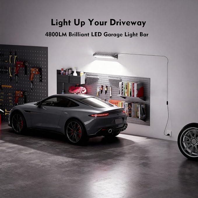 42W LED Shop Light for Garage, 4800LM 6500K Daylight, Plug in Shop Light with 4.9FT Cord & Switch, 120° Adjustable Bracket for Workshop, Basement, Utility Room (4-Pack)