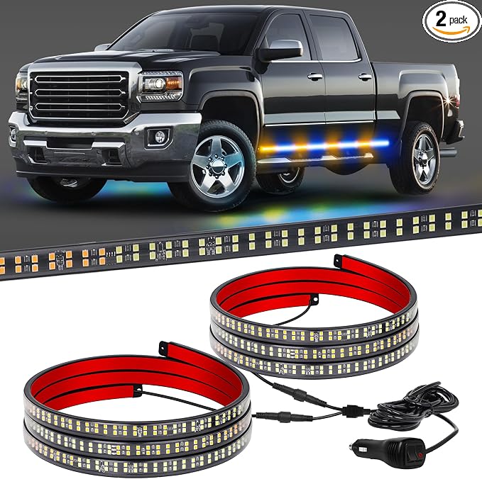 70 inch Running Board Strobe Lights Amber Blue Emergency Lights | 2PCS 864 LED Exterior Flashing Warning Hazard Caution Safety Light Strip for Tow Plow Trucks Construction Vehicles Pickup