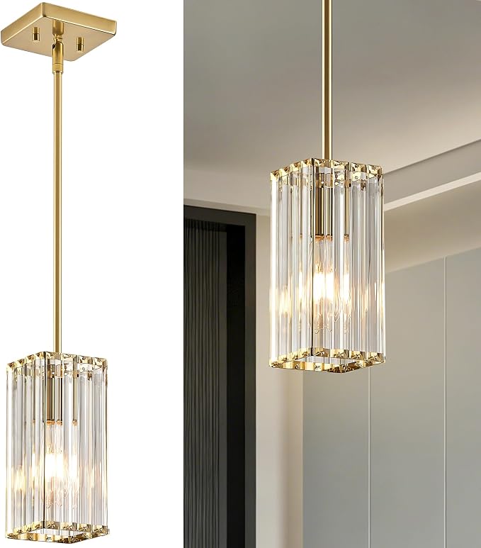 Modern Crystal Pendant Lights Kitchen Island, 1-Light Brushed Gold Hanging Light with Clear Crystal Shade, Adjustable Height Pendant Lighting for Kitchen Island Dining Room Bedroom Bar Entryway