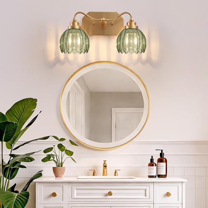 Vintage Gold Vanity Lights, 2-Light Green Tulip, Antique Brass Finish | Brushed Gold Bathroom Light Fixtures, Crystal Wall Sconce Ideal for Bedroom, Living Room, E26 Compatible, Easy Install