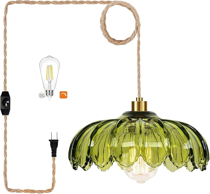 Plug in Pendant Light Hanging Lights with Plug in Cord Boho Hanging Lamp Glass Gold Mid Century Modern Vintage Dimmable Green Flower Plug in Chandelier Ceiling Fixture for Living Room,Kitchen