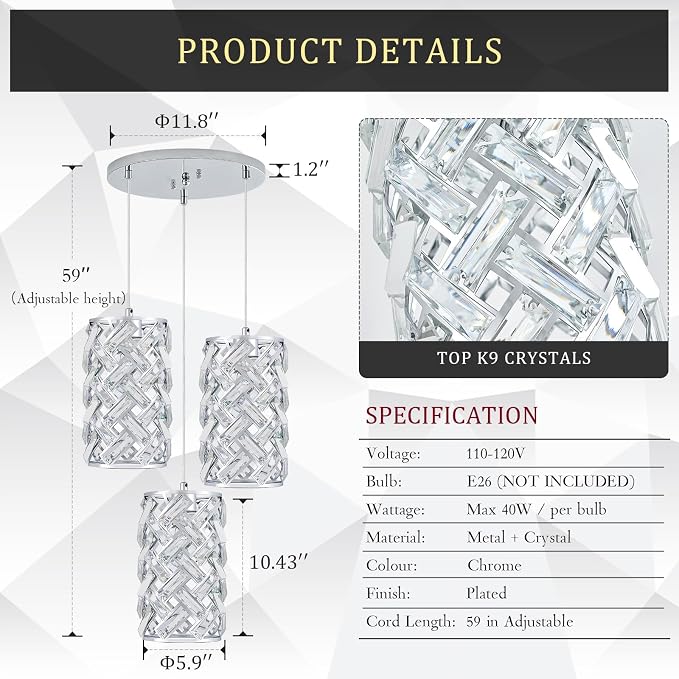 Chrome Crystal Cluster Pendant Light, 3-Light Kitchen Island Hanging Light | 3-light chrome crystal pendant with adjustable height, E26 sockets, dimmable for kitchen islands, dining rooms and bedrooms