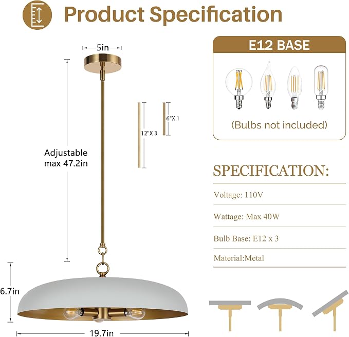 LamQee 20 Inch Oversized Large Pendant Lights, 3-Lights Gray and Gold Modern Dome Chandelier, Nordic Metal Pendant Lighting Fixture Ceiling Hanging for Kitchen Island, Dining Room Over Table, Bar