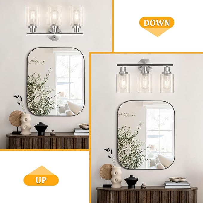 Modern Bathroom Light Fixtures, 3 Light Vanity Lights with E26 Bulbs, Brushed Nickel Wall Lamp with Clear Glass for Mirror Living Room Hallway Cabinet Porch