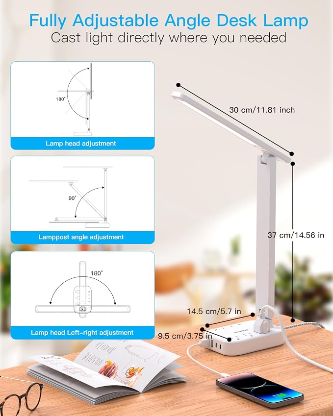 LED Desk Lamp, 10Ft Power Strip with 3 Outlets 4 USB Ports(2 USB C), White | One Beat 4 Modes 5 Level Brightness Touch Lamp, Small Desk Lamp for Home Office College Dorm Essentials, Study Reading Light