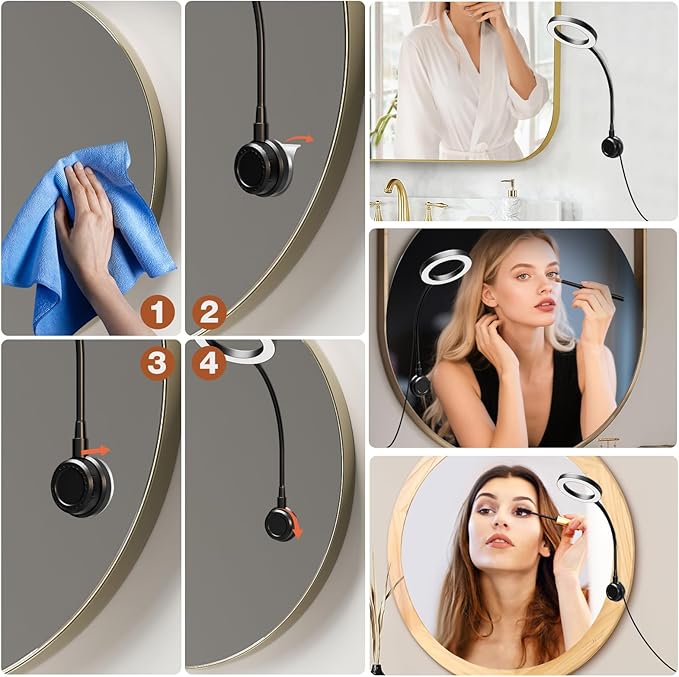Suction Cup LED Vantiy Lights for Mirror, Flexible Gooseneck Stick on Selfie Ring Light for Makeup Vanity Table & Bathroom Mirror, 3 Color Modes & 10 Brightness, Plug in,3.54inch, Black