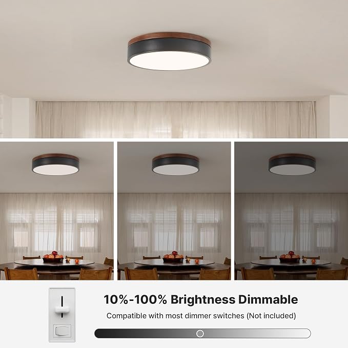 12" Minimalist Black and Walnut Wood LED Flush Mount Ceiling Light | Natural Wood Accent, Integrated LED, 5CCT Before Installation, Slim Low-Profile Design, Minimalist Modern Style, Compact Size