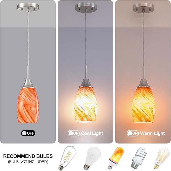 Viinew Mini Glass Pendant Light,3-Pack Orange Marble Glass Hanging Light | 4.72" with Handblown Glass Oval Chadelier,Glass Ceiling Pendant Light for Dining Room Kitchen Island Cafe Foyer