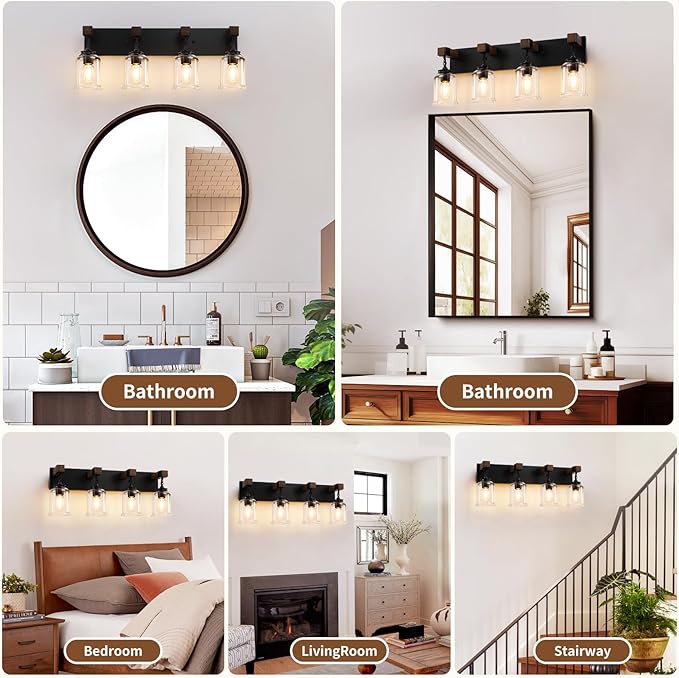 Farmhouse Bathroom Vanity Light, 4 Light Black Bathroom Vanity Light Fixtures Over Mirror, Rustic Wall Lighting with Clear Glass Shades for Living Room, Bedroom, Hallway