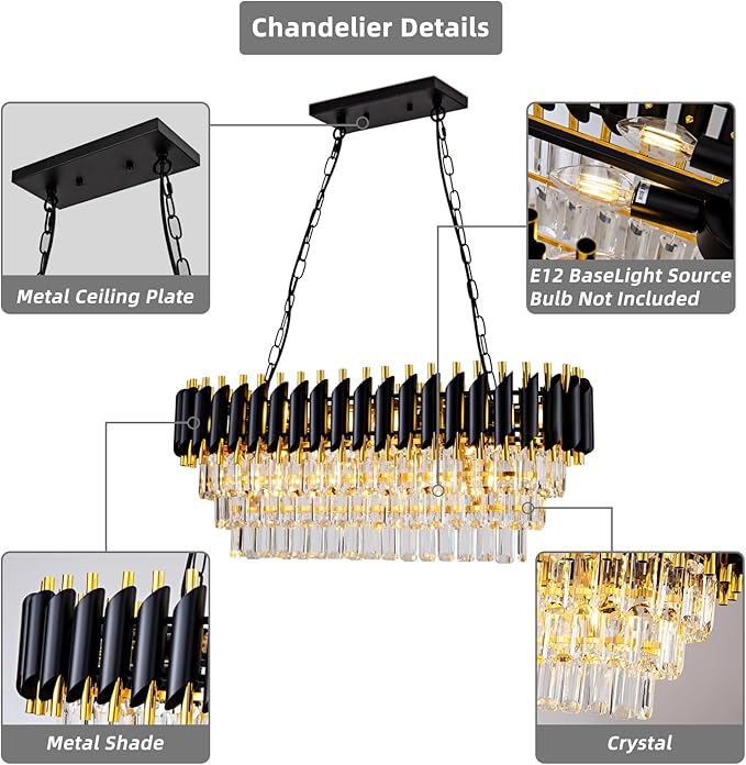 Modern Crystal Chandeliers for Dining Room Black and Gold Luxury Chandelier Living Room 10-Light Pendant Light Fixture Oval Contemporary Ceiling Hanging Light for Kitchen Dining Room