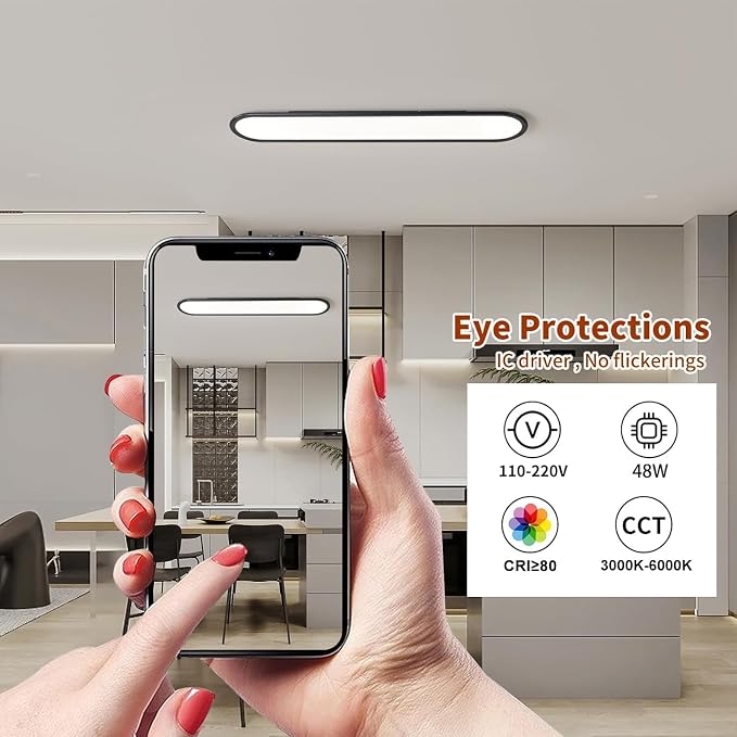 Modern Linear Ceiling Lights,48W Dimmable LED Ceiling Lamp, High Brightness Long Ceiling Light,39.4 Inch Ultra Thin Low Profile Light Fixture for Bedroom Kitchen Closet Hallway,Black
