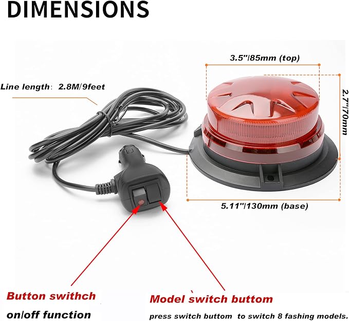 Red Led Emergency Strobe Beacon Lights for Car Vehicles 12V 24V 24-LEDs | Magnetic Mount, 8 Flash Model, Warning Safety Flashing, Rooftop Signal Lamp for Forklife Construction Truck Tractor Golf SUV