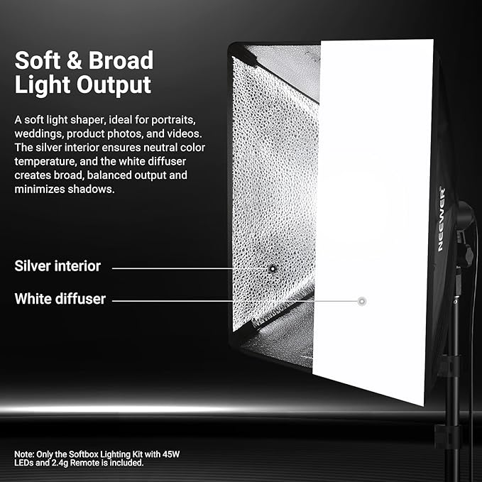 NEEWER 24"x24" Softbox Lighting Kit with Tripod Stand, 45W Bi Color 2.4G LED Bulb, 66' Remote Control 10 Channels 2900K-7000K 1400lx/1m CRI95 Studio Photography Video Recording Continuous Light, NK104 | 45W Bi Color 2.4G LED Bulb, Remote, 10 Channels, ...