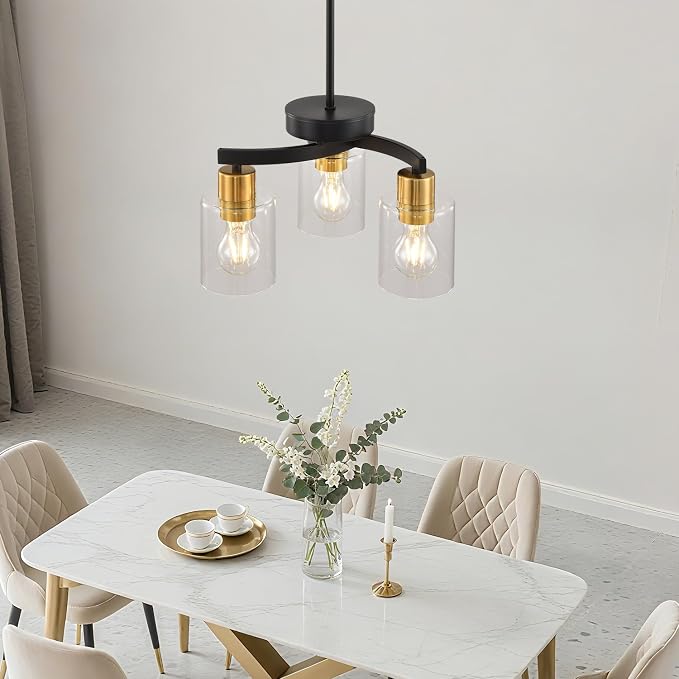 Black Brass Dining Room Chandelier, 3 Light Modern Industrial Pendant Light for Kitchen Island, Adjustable Height Ceiling Light with Clear Glass Shades,E26 Base,Dimmable