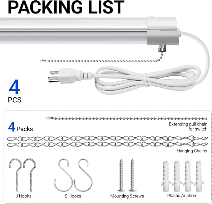 Barrina BS84 LED Shop Lights 4FT for Workshop, 84W 10000LM 6500K, 4 Packs | 4FT for Garage Basement, Hanging or Flush Mount, Linkable to 3, Hidden Wiring, with Pull Chain Switch, Frosted Cover, White