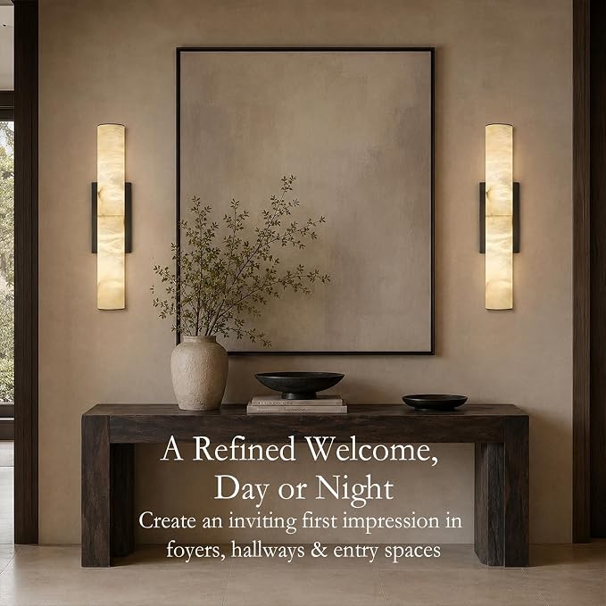 20" Natural Alabaster Wall Sconce, Modern Black Marble Wall Light Dimmable | Spanish Alabaster, Vanity Light, 3000K Warm White Light, Tube, Hardwired, Stone, for Bathroom/Bedroom/Living Room, 1PC