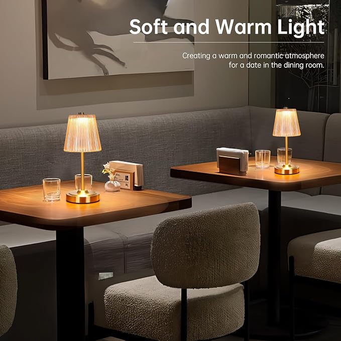 Shenmoyl Set of 2 Cordless Touch Table Lamp with 5200mAh Battery - 3 Adjustable Color Temperatures & Dimmable, Rechargeable Lamp for Bedsides, Living Room, Entryway, Bookshelves (Amber Stripe)