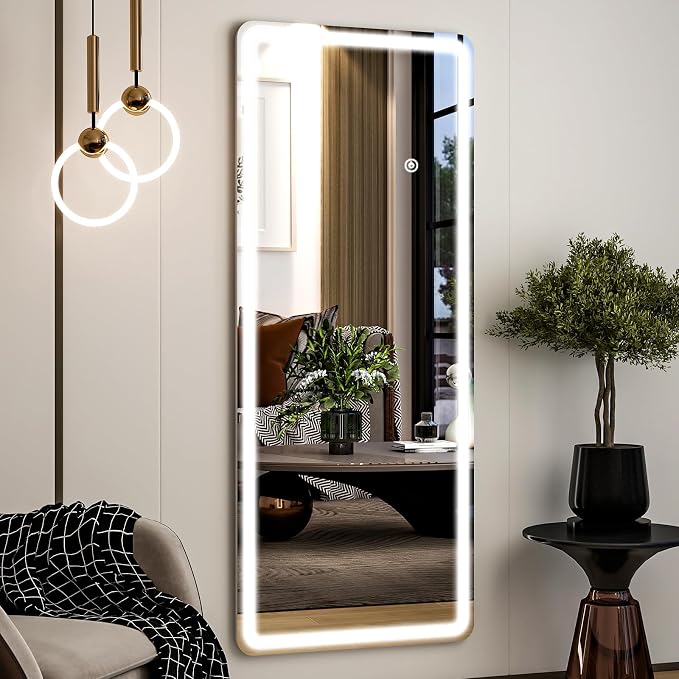 Easly 21"x56" Rectangular Full Length Mirror with LED Lights, Standing or Wall-Mounted Full Body Mirror with Stand, Dimmable 3-Color Lighted Floor Mirror for Bedroom, Dressing Room, Cloakroom