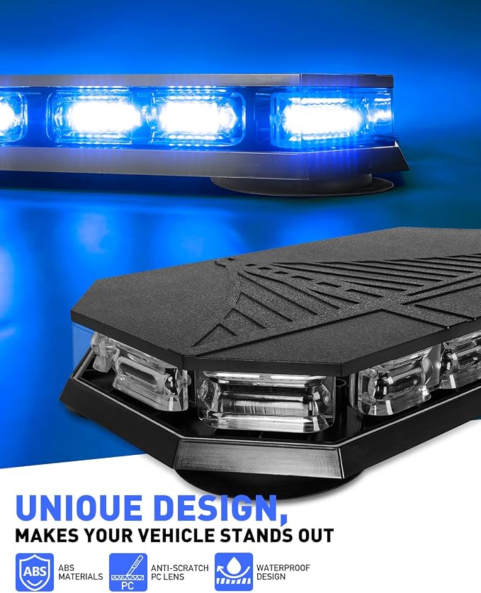HLauto 406D Rooftop Emergency Strobe Lights Bar, 102 LED Blue Mini Beacon Safety Flashing Warning Traffic Lights Bar w/Magnetic Base for 12-24V Trucks, Construction Vehicles, Snowplow, Cars