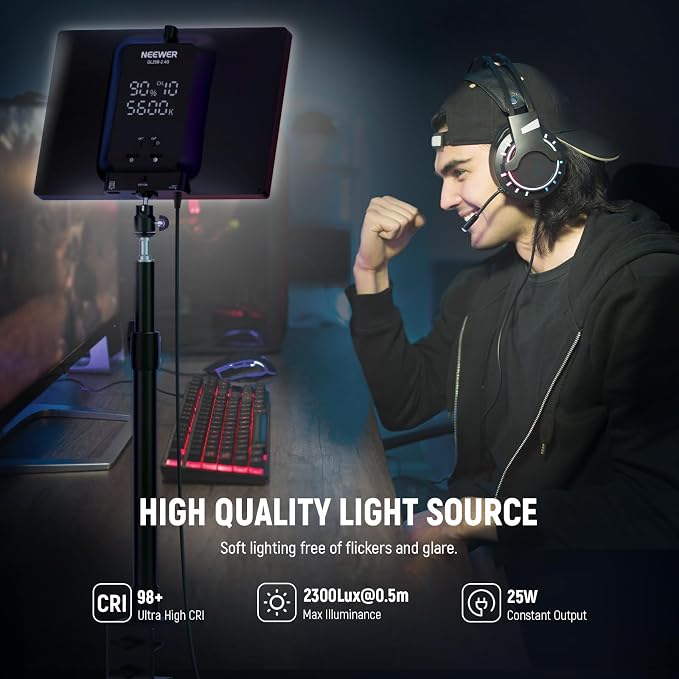NEEWER 25W 12.9" Streaming Key Light with Desk Stand/2.4G Remote/USB Transmitter, PC/Mac APP Control 2300Lx/0.5m 2900-7000K CRI98+ Dimmable Edge Lit Video Panel Light for Webcam Laptop Zoom, GL25B