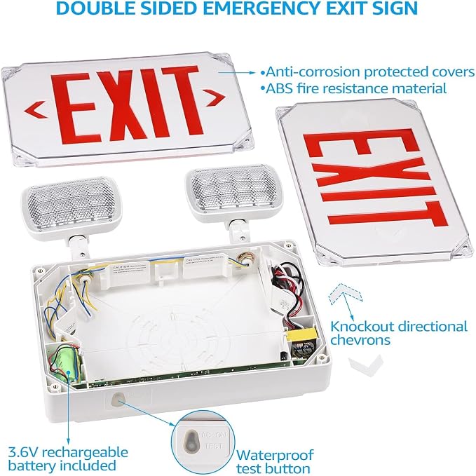 LEONLITE Wet Location LED Exit Sign with Emergency Lights White | UL Listed, AC 120/277V, Outdoor Hardwired Red Letter Exit Light with Battery Backup, 2 Dual Heads, Double Face