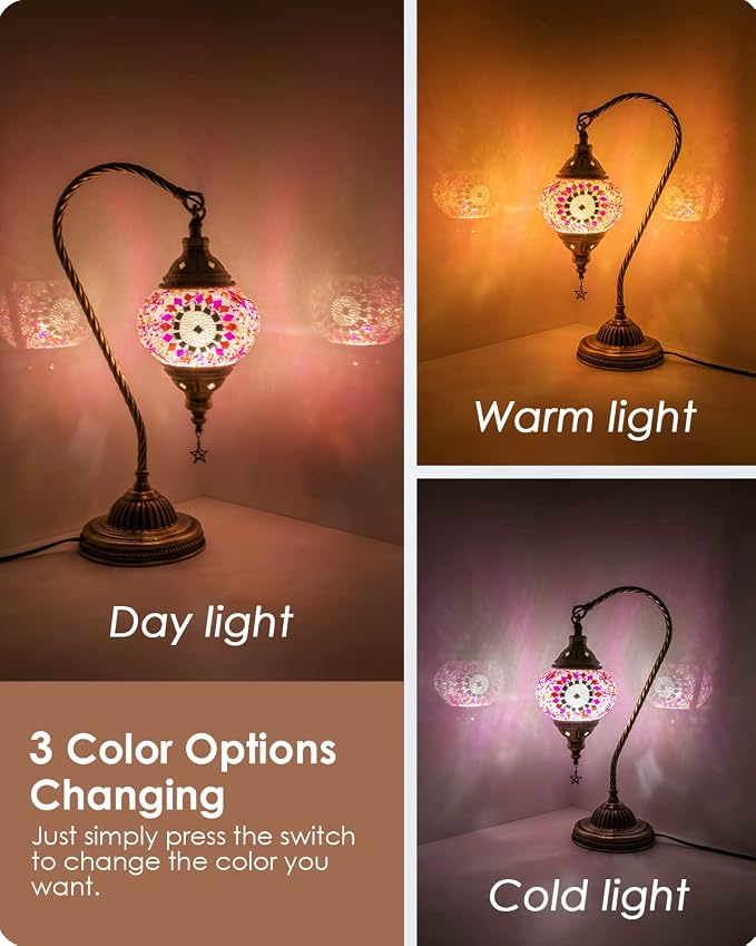 Yarra-Decor Turkish Moroccan Lamp with Bronze Base 3 Color Options Handmade Swan Neck Mosaic Glass Bedside Lamps for Bedroom (LED Bulb Included)(Red1)