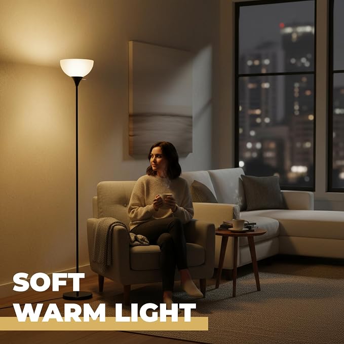 LALISU Floor Lamp, Standing Lamps with White Plastic Shade, Led Floor Lamp Rotary Switch Floor Lamps Modern Industrial Lamp, Tall Lamps for Living Room Bedroom Office Dining Room (All Black)
