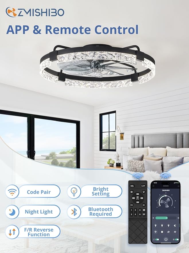 ZMISHIBO 24 Inch Ceiling Fans with Lights, Flush Mount Remote & App Control | 3CCT Dimmable LED, DC Motor, Bladeless, Reversible Blade, 6 Speeds, Modern, Low Profile, Enclosed, Bedroom, Kids, Girl, Adult