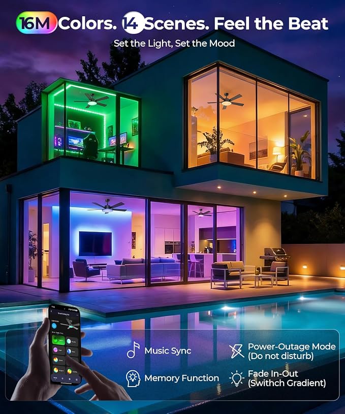 RGBCW Smart 52" 2600LM LED Ceiling Fan Light with Remote, Black | Alexa/Google/App Control, Reversible DC Motor, 6 Speeds & 2 Fan Modes, Dimmable, Quiet Fan for Bedroom, Living & Gaming Room