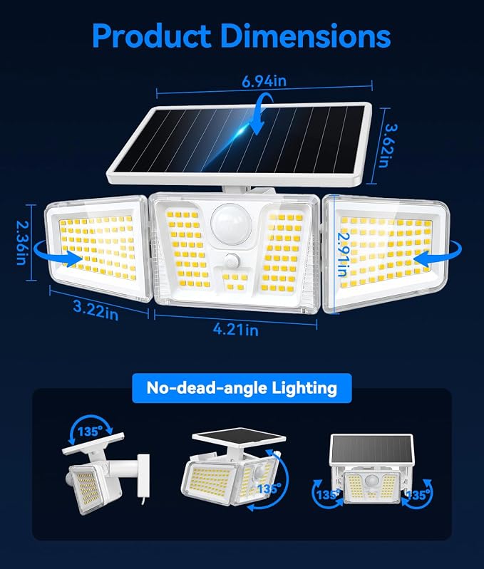 KOOPER Solar Flood Lights, 210 LED Motion Sensor Outdoor Lights, Solar Motion Lights Outdoor Waterproof, 3 Heads 300° Wide Angle Outdoor Security Lights for Yard Patio Garage Entryways, 4 Pack, White