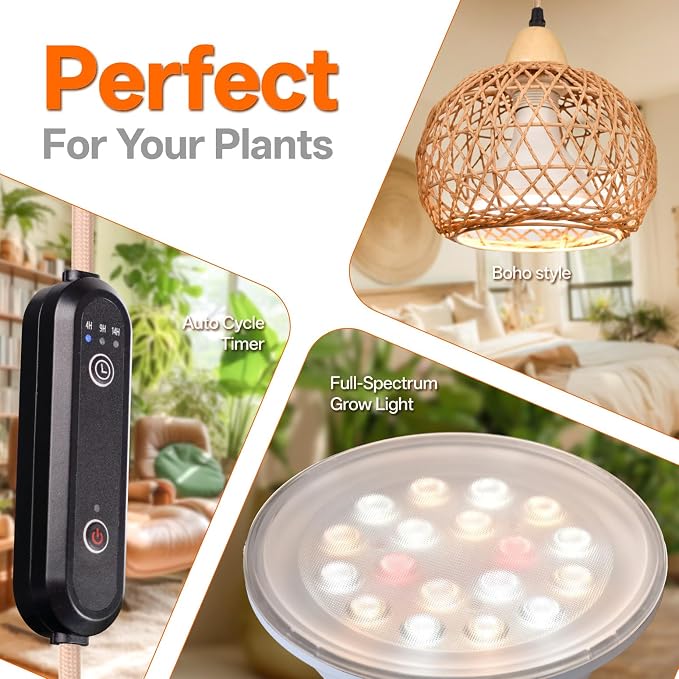 Hanging Grow Light for Indoor Plants 18W | Full Spectrum Plant Light, With 4H/9H/14H Timer, Boho Rattan Shade, 3800K Hanging Lights for Indoor Plants