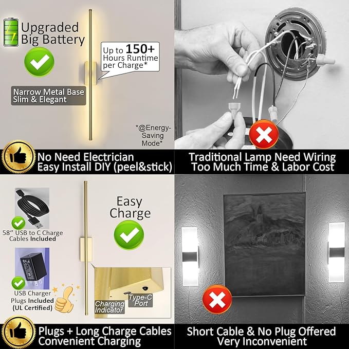 Set of 2 Rechargeable Gold Wall Sconce Peel and Stick Easy Mount | Battery Powered Cordless Picture Lights, Home Decor Linear Wall Sconces for Bedroom Living Room Hallway (28.3'')