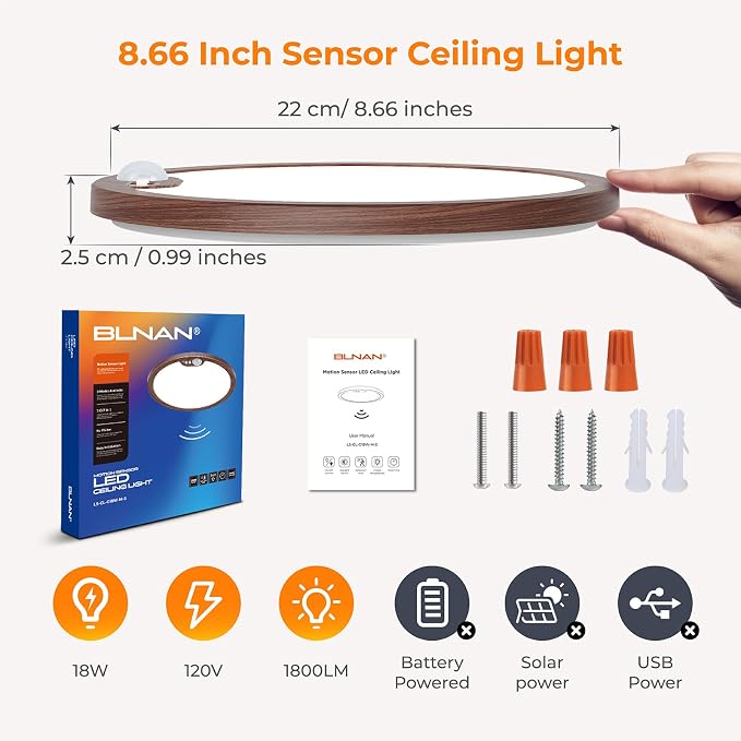 Motion Sensor Ceiling Light Wired, 8.7 Inch 3000K 4000K 5000K Selectable LED Flush Mount Light Fixture, Motion Activated Light with Timer for Hallway Stair Walk-in Closet, Non-Dimmable - Walnut