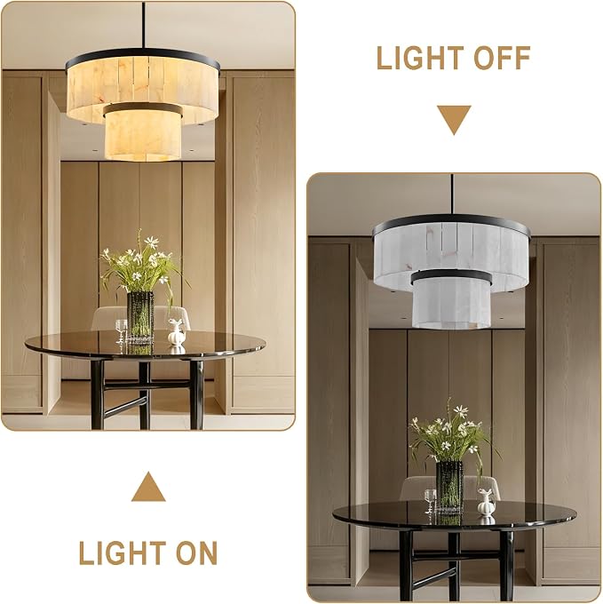 Alabaster Chandelier 2-Tier D24 Round Chandeliers, Modern Dining Room Chandelier Marble Pendant Light Farmhouse for Living Room, Bedroom, Foyer, Kitchen, Entryway Black(Include Bulbs)