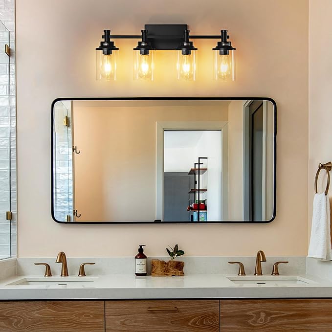 4-Light Bathroom Vanity Lights with Clear Glass Shades, Matte Black Over Mirror, Modern Wall Lamp for Mirror, Living Room, Bedroom