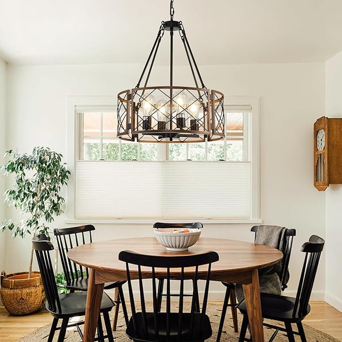 20'' Farmhouse Chandelier, 4-Light Black & Wood Grain Dining Room Light Fixture Over Table, Rustic Industrial Drum Hanging Pendant Lights Fixture for Kitchen Island Bedroom Hallway Foyer Entryway