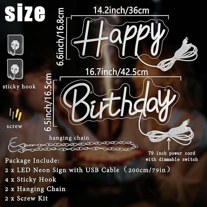 Happy Birthday Neon Sign, 14.2 X 6.6 and 16.7 X 6.5 Inch Large Happy Birthday Neon Light, Dimmable Neon Happy Birthday LED Signs, Birthday Light Up Sign Party Decoration for Home Club Bar Anniversary
