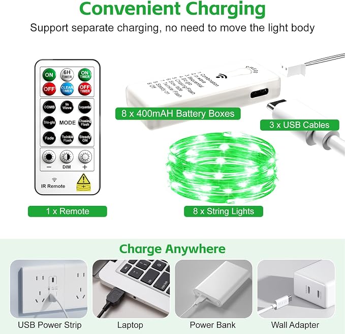 8 Pack Rechargeable LED Fairy Lights 7Ft 20LED Battery Operated | 8 Modes, Remote & DIY Timer Mini Twinkle String Lights for Indoor Christmas Wedding Mason Jar Bedroom Table