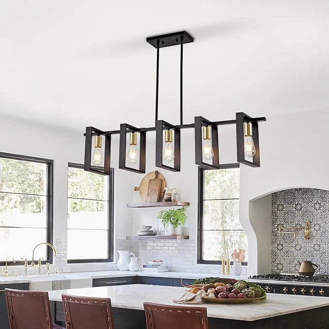 Farmhouse Kitchen Island Lighting Black Dining Room Lights Ceiling Hanging Rustic 5 Lights Wood Chandelier Light fixtures 41.3" Height Adjustable
