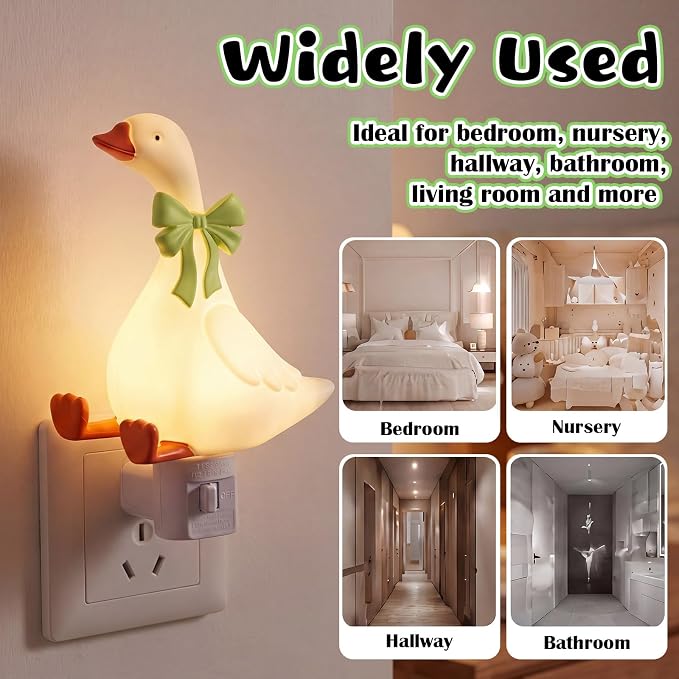 Gerrii Silly Goose Night Light Plug in Green Bow Decorative LED Night Lights Dusk to DAW Cute Goose Decor for Nursery, Kids Bedroom, Bathroom, Birthday Gift Nightlight
