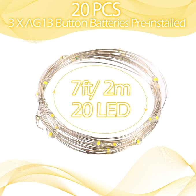 20 Packs Fairy Lights Battery Operated 3 Speed Modes, 7 Ft/ 2 M 20 LED Battery String Mini Waterproof Wire Twinkle Lights Bulk for Wedding Party Birthday Vases Decor (Warm White)