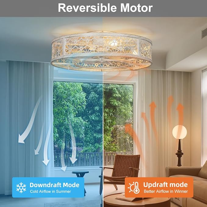 SHLUCE 22" Farmhouse Caged Ceiling Fan with Light, Flush Mount Low Profile Ceiling Fan with Lights, Large Bladeless Fandelier Ceiling Fan with Light and Remote for Kitchen, Bedroom, White Gold - ETL