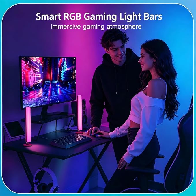 Smart RGB LED Light Bars for Gaming Desk, PC Monitor, TV – 10 Inch, Music Sync, Remote Control, 15 Modes, USB Powered, Horizontal & Stereoscopic Placement for Room Decor & Mood Lighting