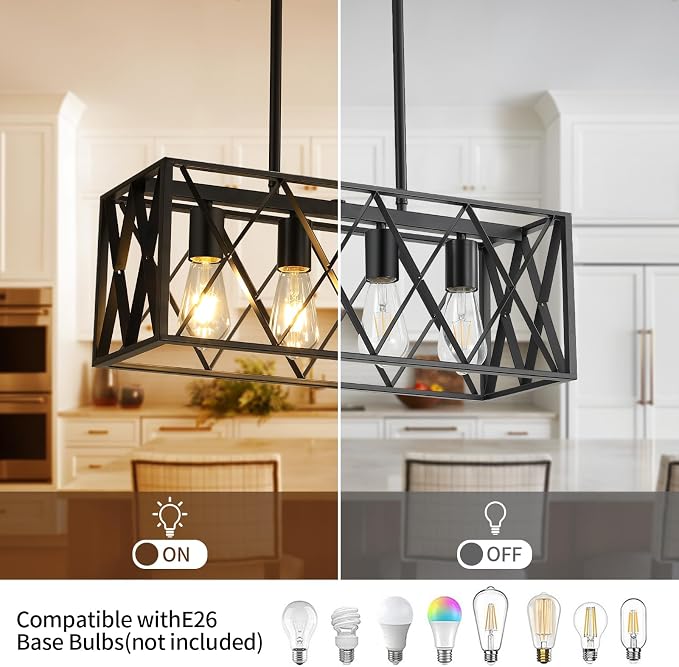 KEESFU Black Farmhouse Kitchen Island Lighting, 4 Lights Pendant Lighting Fixtures, Adjustable Height, Industrial Dining Room Light for Living Room Foyer Dining Table Over Sink.