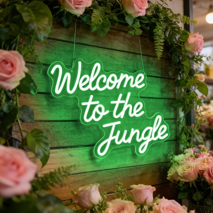 Welcome to the Jungle Neon Sign Green Jungle Decor Dimmable Rainforest Sign | LED Jungle Letter Lights for Rainforest Party,Classroom,Nursery,Home Entryway,Room,Garden Front Porch Decoration, USB Powered