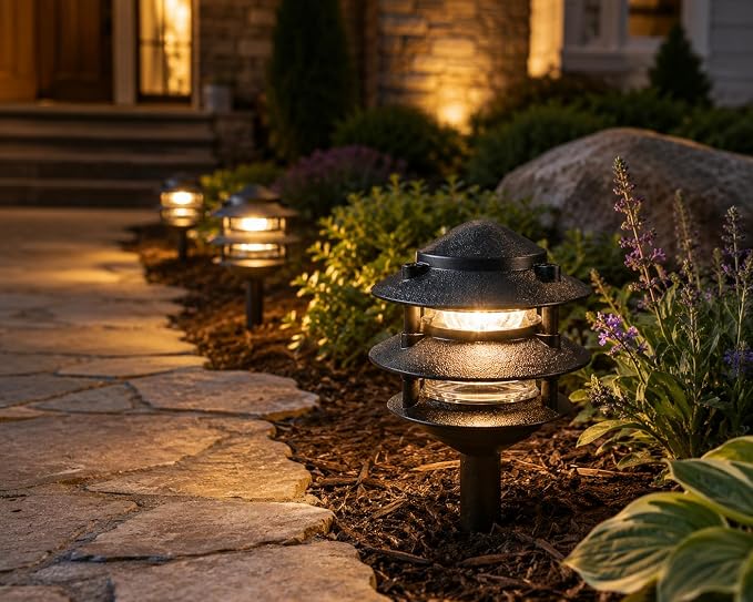 Generation Lighting Hardwired 120V Outdoor Pagoda Path Light, Black | Wet-Rated Aluminum Fixture with Clear Glass, Landscape Path Lights, Garden Lights, or Outdoor Lighting for Driveway Decor