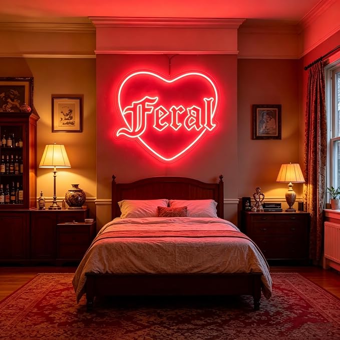 Feral Heart Neon Sign Red LED Neon Light for Wall Decor USB Powered Gothic Neon Sign for Bedroom Bar Party Tattoo Studio Bachelorette Trendy Wall Art Halloween Decoration Goth Lover Gifts